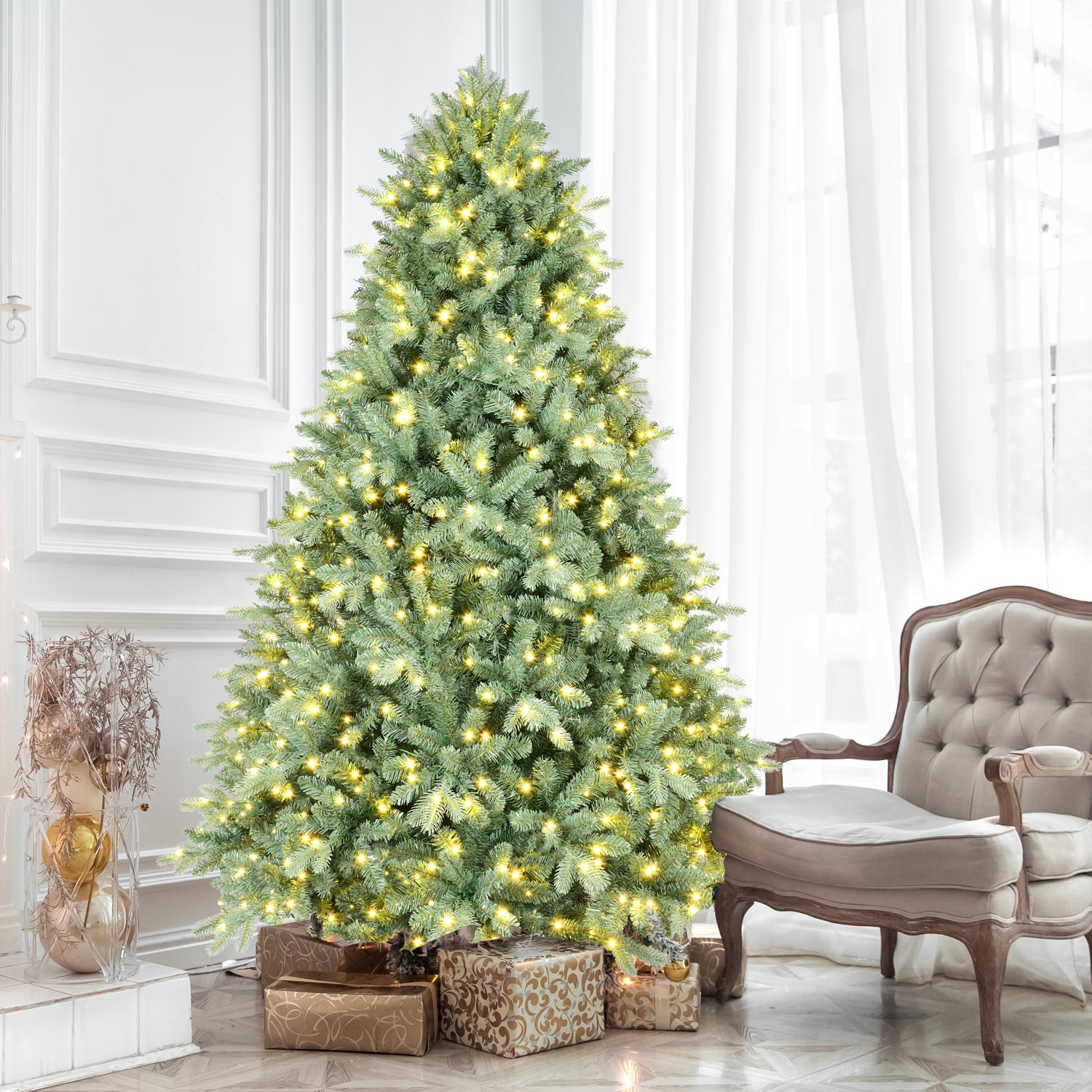 7FT Blue-Green Tint Pre-Lit Christmas Tree | 700 Warm White LEDs | 2518 PE+PVC Tips | Hinged Branches | Sturdy Metal Stand | Realistic Holiday Decor for Home & Party
