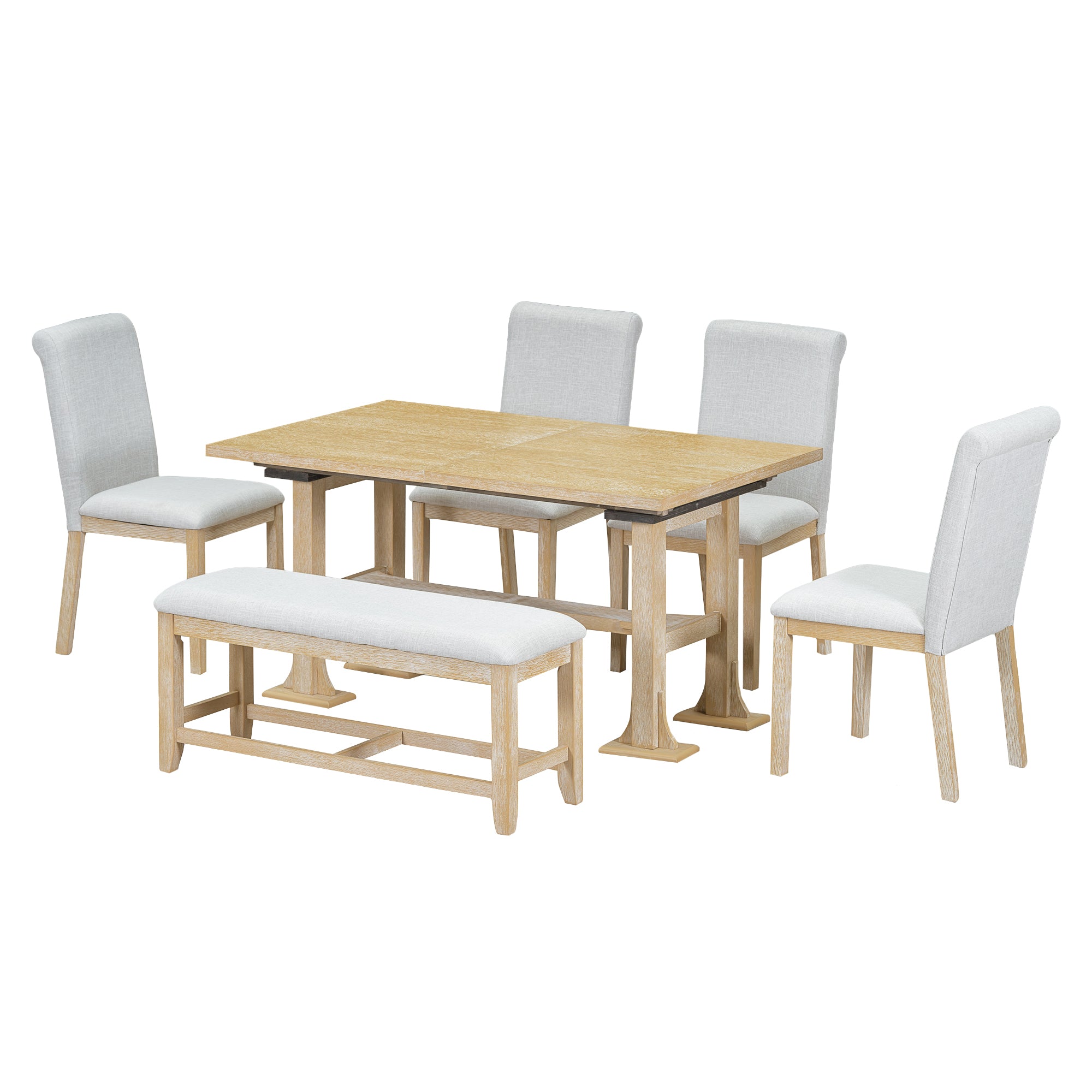 TOPMAX Farmhouse 76" Extendable Dining Table Set: 6-Piece Solid Rubberwood Set with 18" Removable Leaf, Upholstered Chairs & Bench for Dining Room, Natural Finish