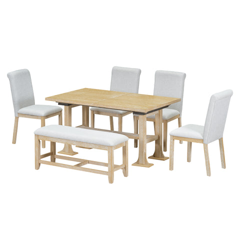 TOPMAX Farmhouse 76" Extendable Dining Table Set: 6-Piece Solid Rubberwood Set with 18" Removable Leaf, Upholstered Chairs & Bench for Dining Room, Natural Finish