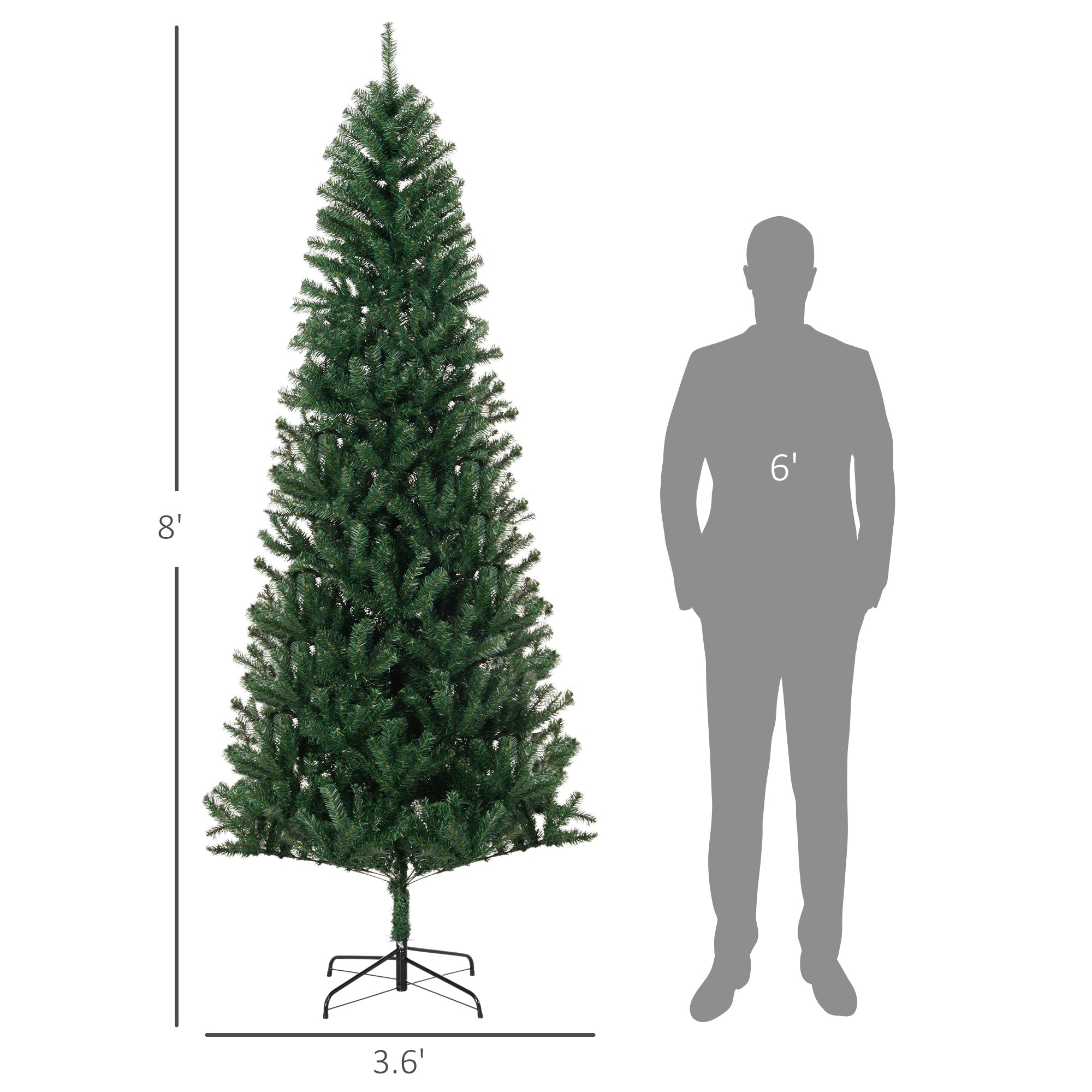 HOMCOM 8' Slim Fir Artificial Christmas Tree - Realistic Green PVC & Plastic Tree with 1168 Tips, 43.3" Dia, Easy Assembly & Storage for Home Holiday Decor
