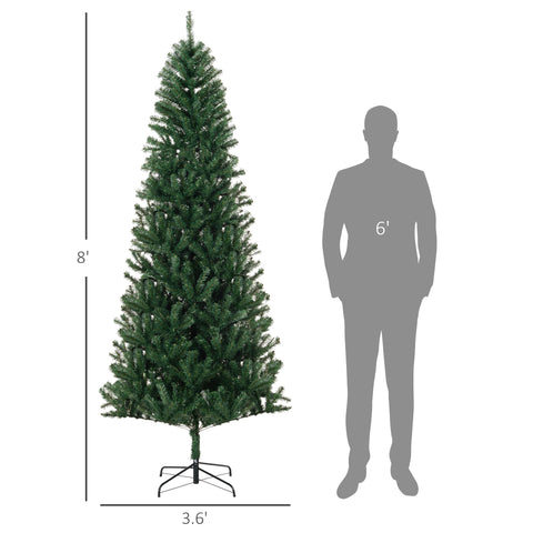 HOMCOM 8' Slim Fir Artificial Christmas Tree - Realistic Green PVC & Plastic Tree with 1168 Tips, 43.3" Dia, Easy Assembly & Storage for Home Holiday Decor