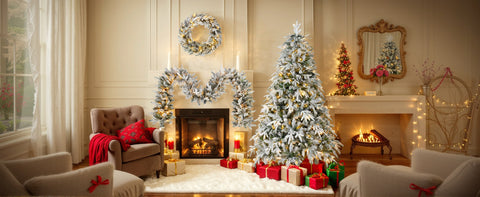 Snow Flocked Christmas Wreath, Garland & 6ft Tree 3-Pack Decor Set | Warm White LED Lights | 900-Tip PVC/PE Tree | Indoor/Covered Outdoor Use | Festive Winter Wonderland Ambiance