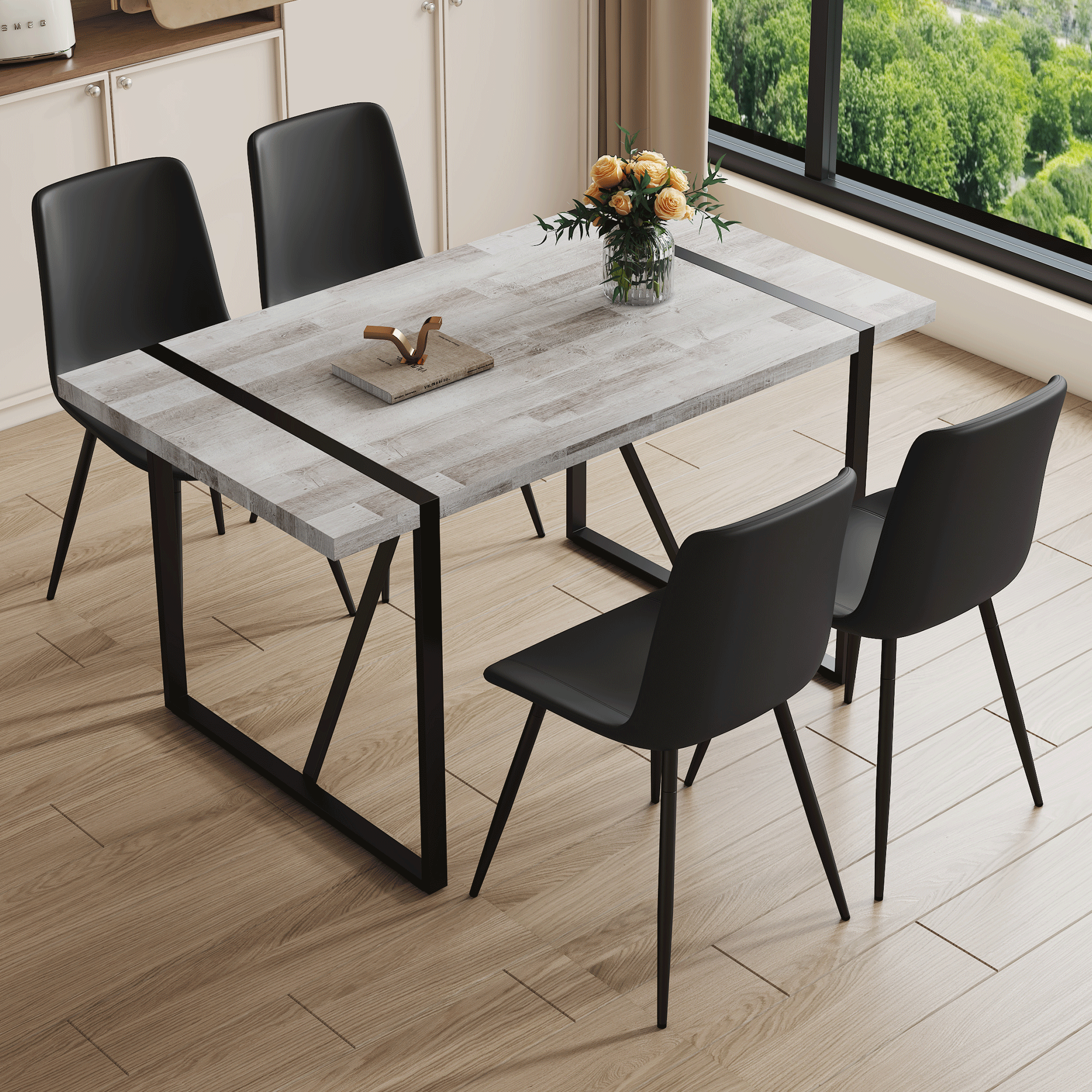 Table and chair set.A minimalist retro rectangular dining table with a specially textured top and black metal legs.Paired With 4 Black Artificial PU Chairs With Curved Widened Cushion Design.
