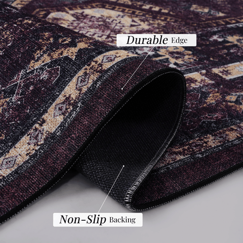 MAVAL Burgundy & Black 8x10 Washable Area Rug - Soft Polyester Chenille, Low Pile, Non-Slip, Stain-Resistant for Living Room, Bedroom, Hallway, Dining Room