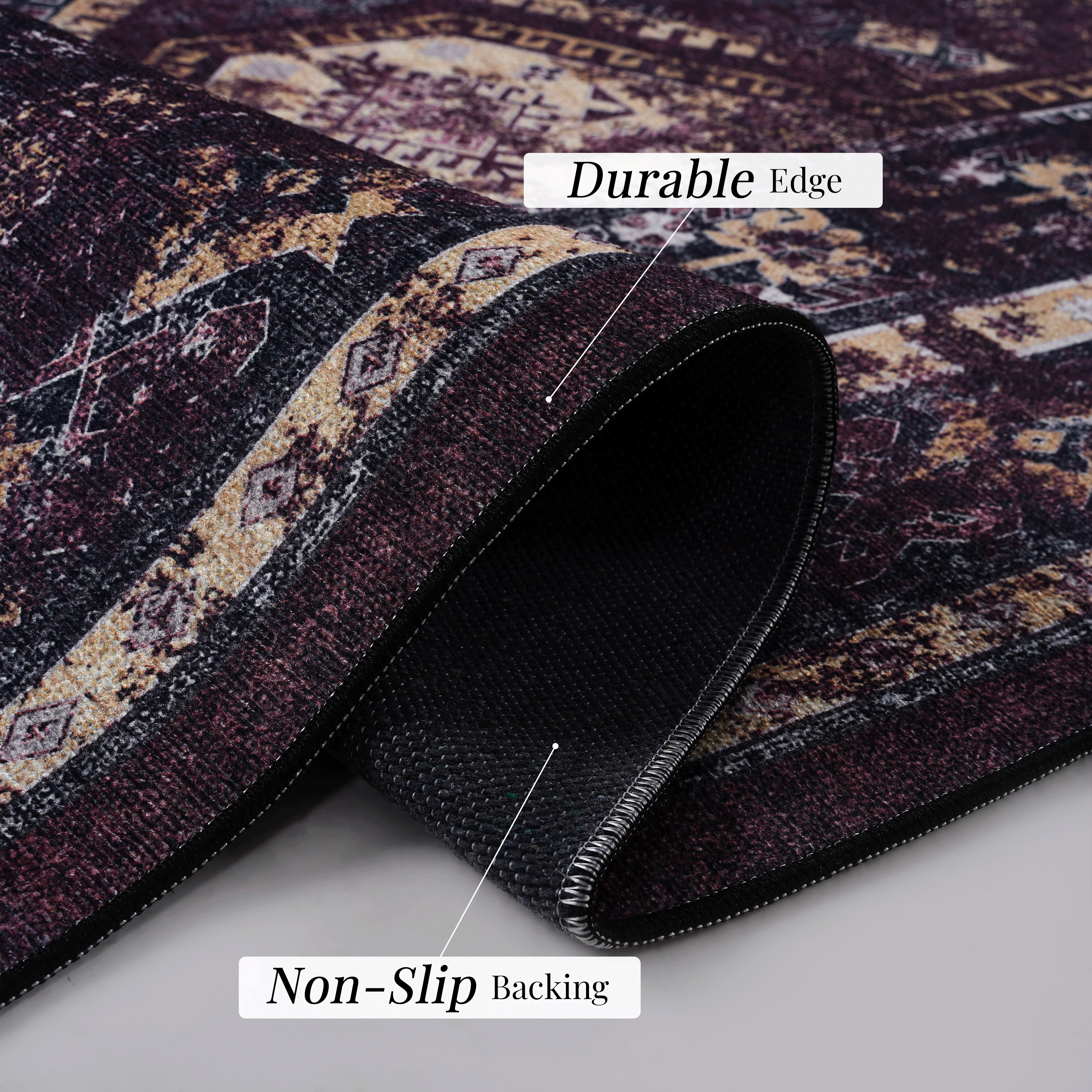 MAVAL 9x12 Washable Area Rug Burgundy & Black - Soft Chenille Polyester, Low Pile, Non-Slip, Stain-Resistant for Living Room, Dining Room, Hallway, Kitchen