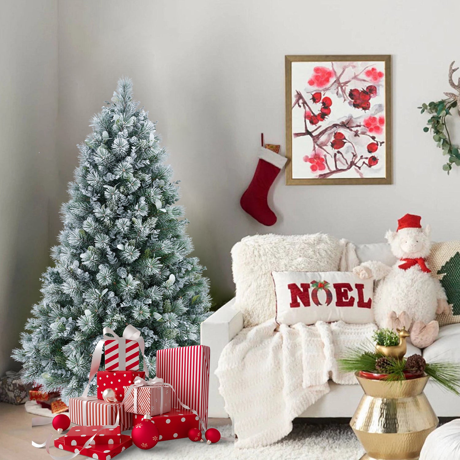 4FT Snowy Flocked Christmas Tree | Pine & Eucalyptus Mix | 404 Tips | Hinged Branches | Metal Stand | White & Green | Indoor Holiday Home & Office Decor