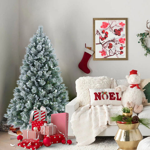 4FT Snowy Flocked Christmas Tree | Pine & Eucalyptus Mix | 404 Tips | Hinged Branches | Metal Stand | White & Green | Indoor Holiday Home & Office Decor
