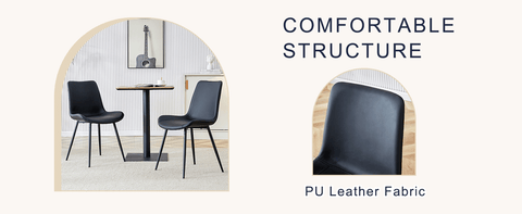 Table and chair set.A minimalist retro rectangular dining table with a specially textured top and black metal legs.Paired With 4 Black Artificial PU Chairs With Curved Widened Cushion Design.