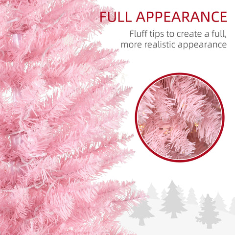 HOMCOM 5' Pink Slim Noble Fir Artificial Christmas Tree | 110 Warm White LEDs, 294 Tips | Realistic, Flame-Retardant Plastic | Easy Setup & Storage for Festive Home Decor