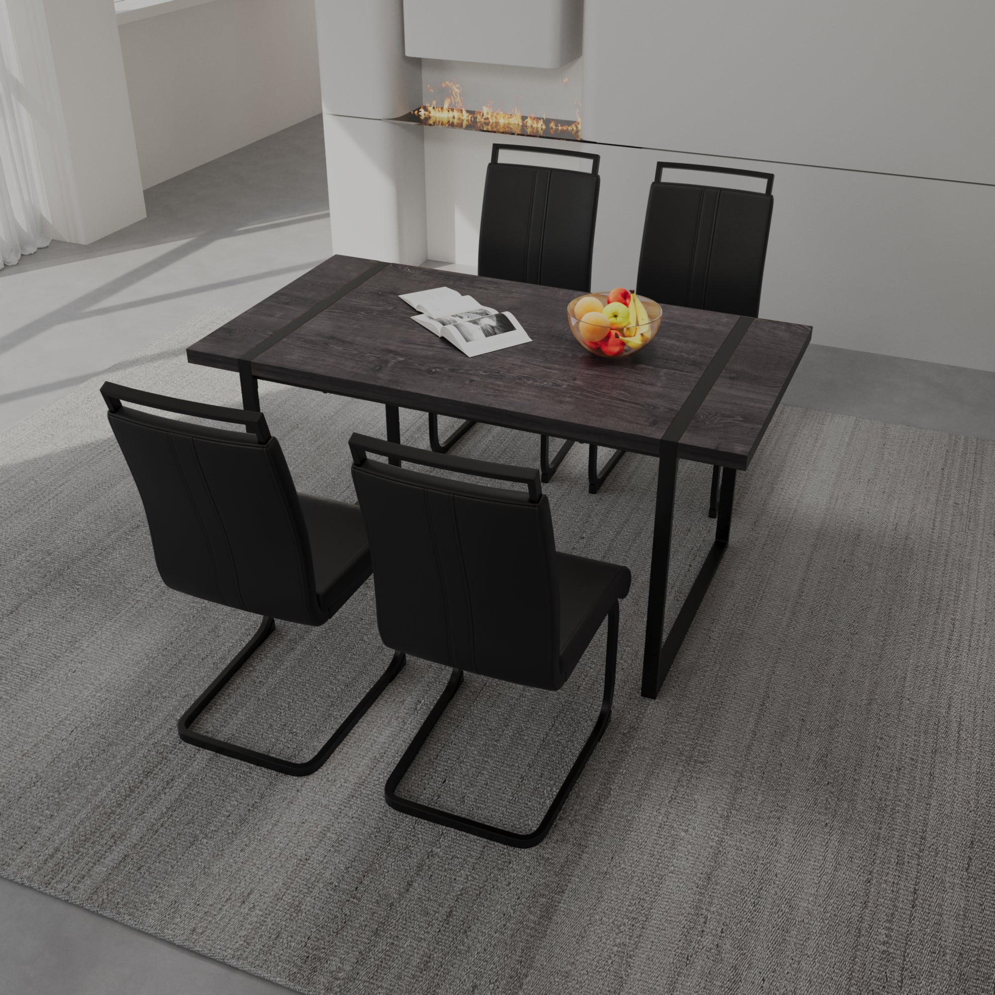 59" Black Rectangular MDF Dining Table Set with 4 PU Armless Chairs - Modern Industrial Farmhouse Style for Kitchen, Dining Room, Office - Comfortable Cushioned Backrests, Sturdy Metal Legs, Easy Assembly