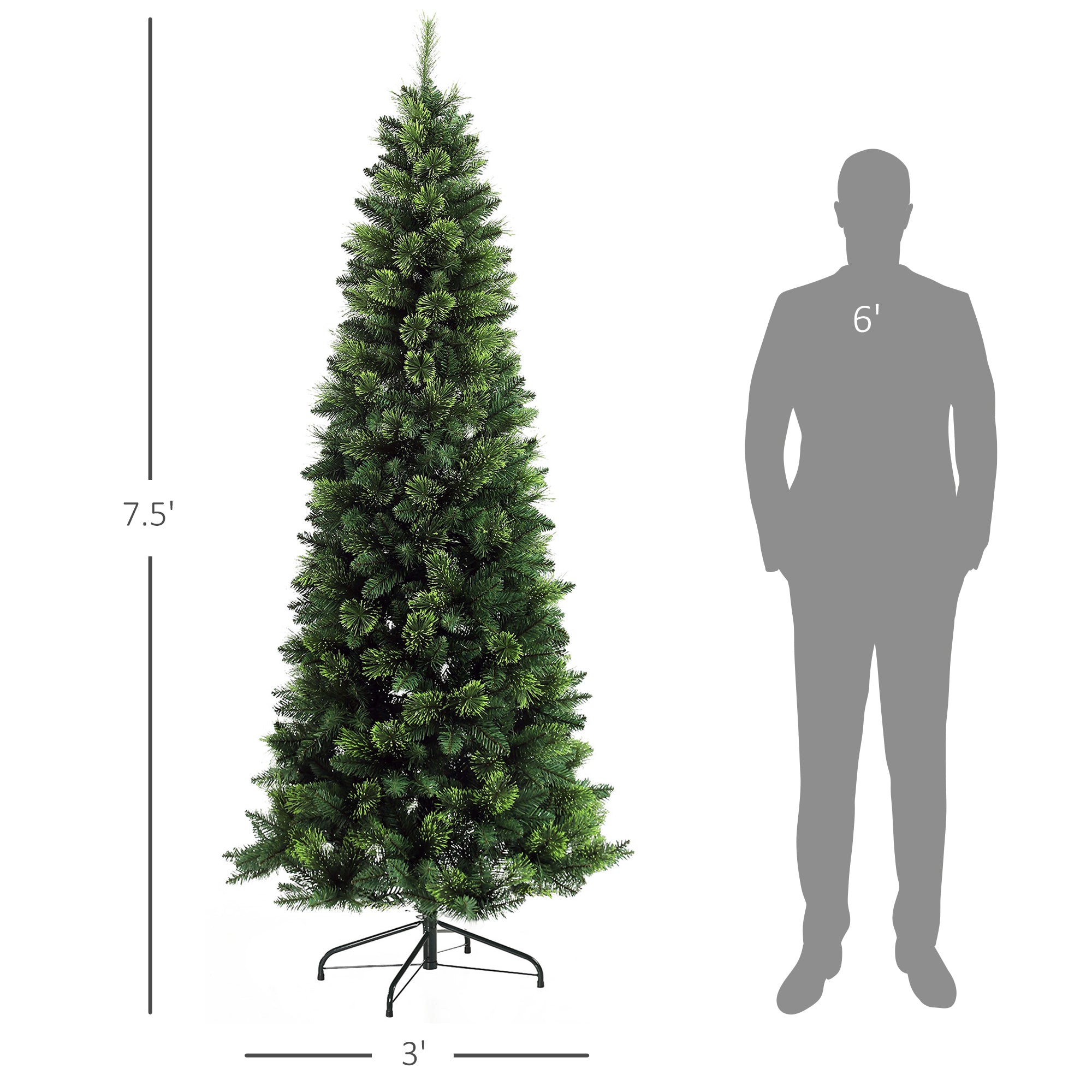 HOMCOM 7.5ft Pencil Artificial Christmas Tree - Realistic Green Pine Needles, 1075 Branches, Auto-Open, Steel Base for Indoor Holiday Decor