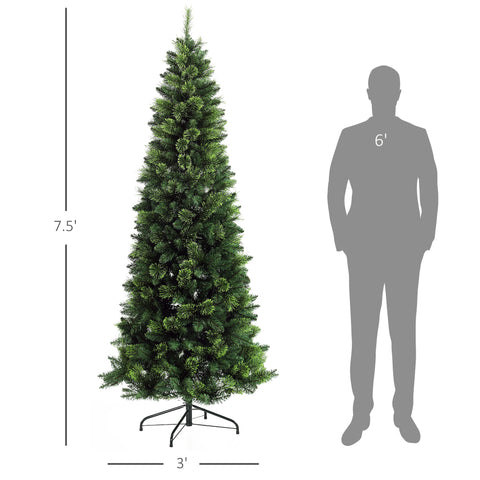 HOMCOM 7.5ft Pencil Artificial Christmas Tree - Realistic Green Pine Needles, 1075 Branches, Auto-Open, Steel Base for Indoor Holiday Decor