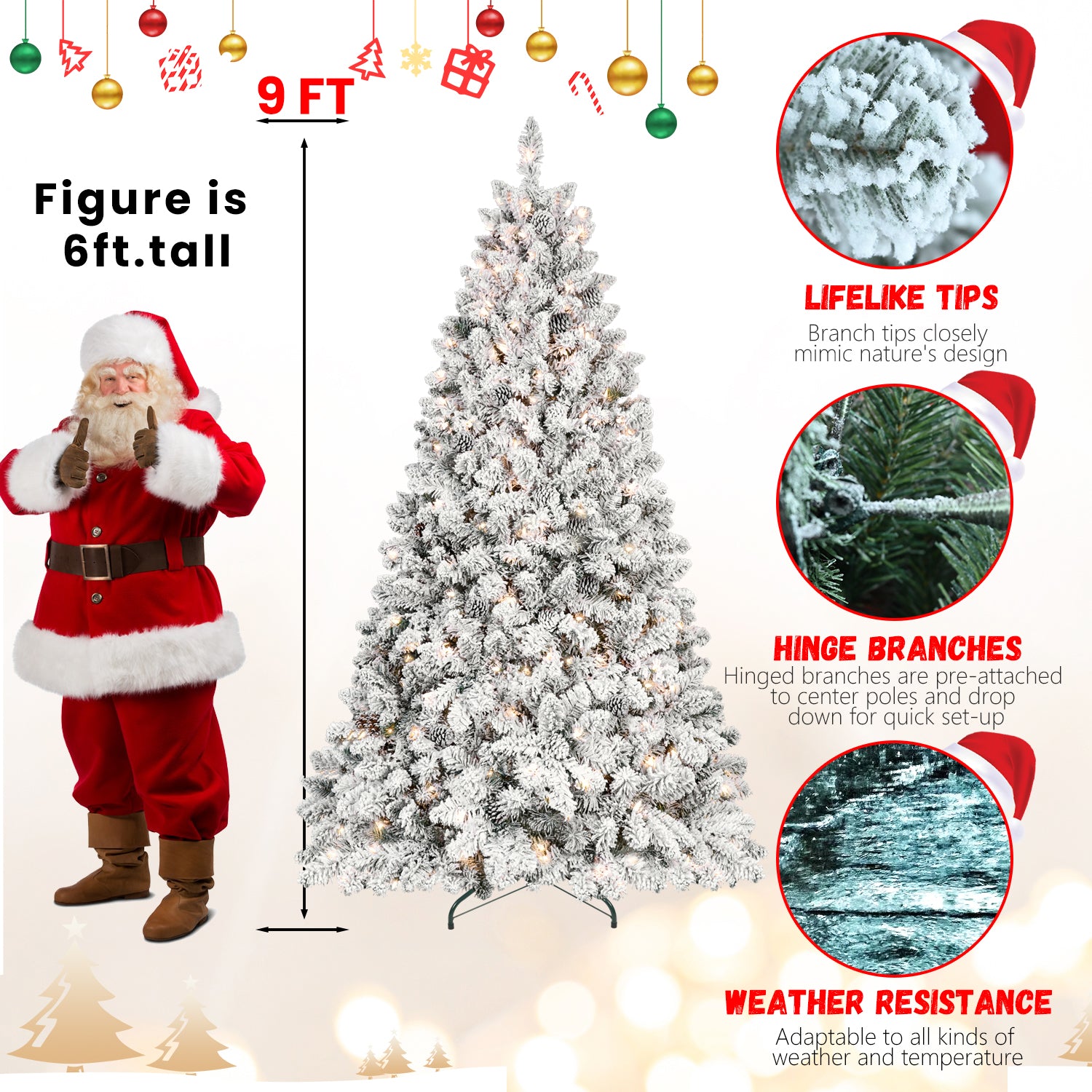 6FT Snowy Flocked Christmas Tree with 350 UL Lights & 35 Pine Cones - Hinged PVC, White/Green, Metal Stand for Festive Holiday Home Decor