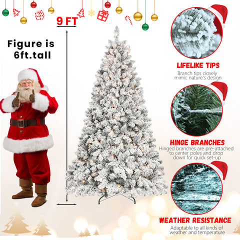6FT Snowy Flocked Christmas Tree with 350 UL Lights & 35 Pine Cones - Hinged PVC, White/Green, Metal Stand for Festive Holiday Home Decor