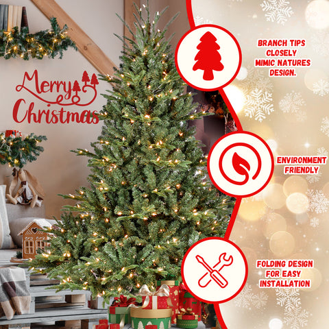 7FT Full-Shape Christmas Tree w/ 750 UL Warm White Lights - Lush PE/PVC Mixed Branches, 2257 Tips, Wide Base, Hinged for Easy Setup, Durable Metal Stand - Ideal for Home &amp; Office Decor