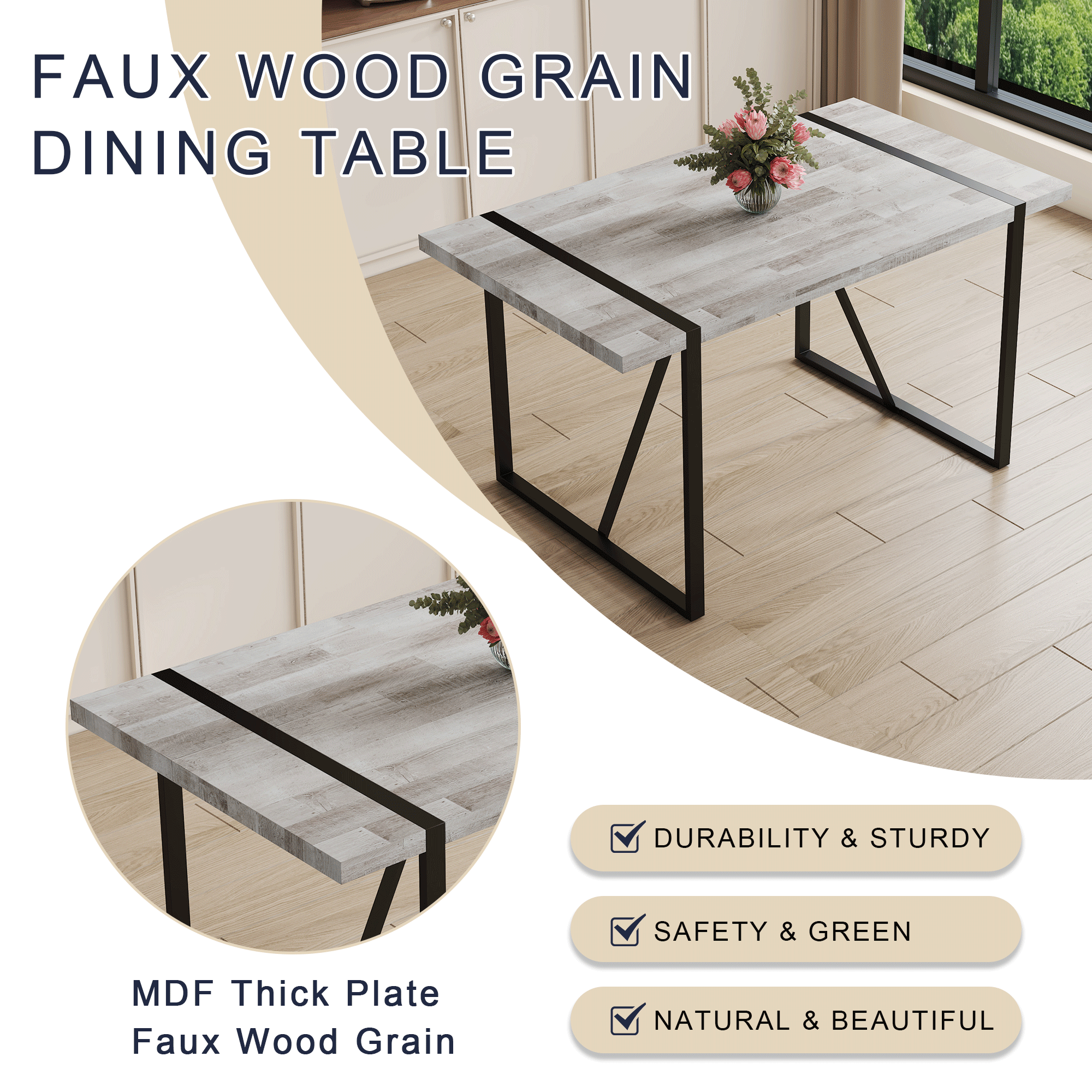 Table and chair set.A minimalist retro rectangular dining table with a specially textured top and black metal legs.Paired With 4 Black Artificial PU Chairs With Curved Widened Cushion Design.