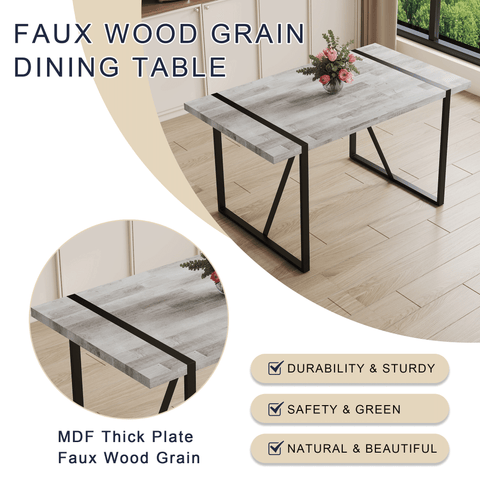 Table and chair set.A minimalist retro rectangular dining table with a specially textured top and black metal legs.Paired With 4 Black Artificial PU Chairs With Curved Widened Cushion Design.