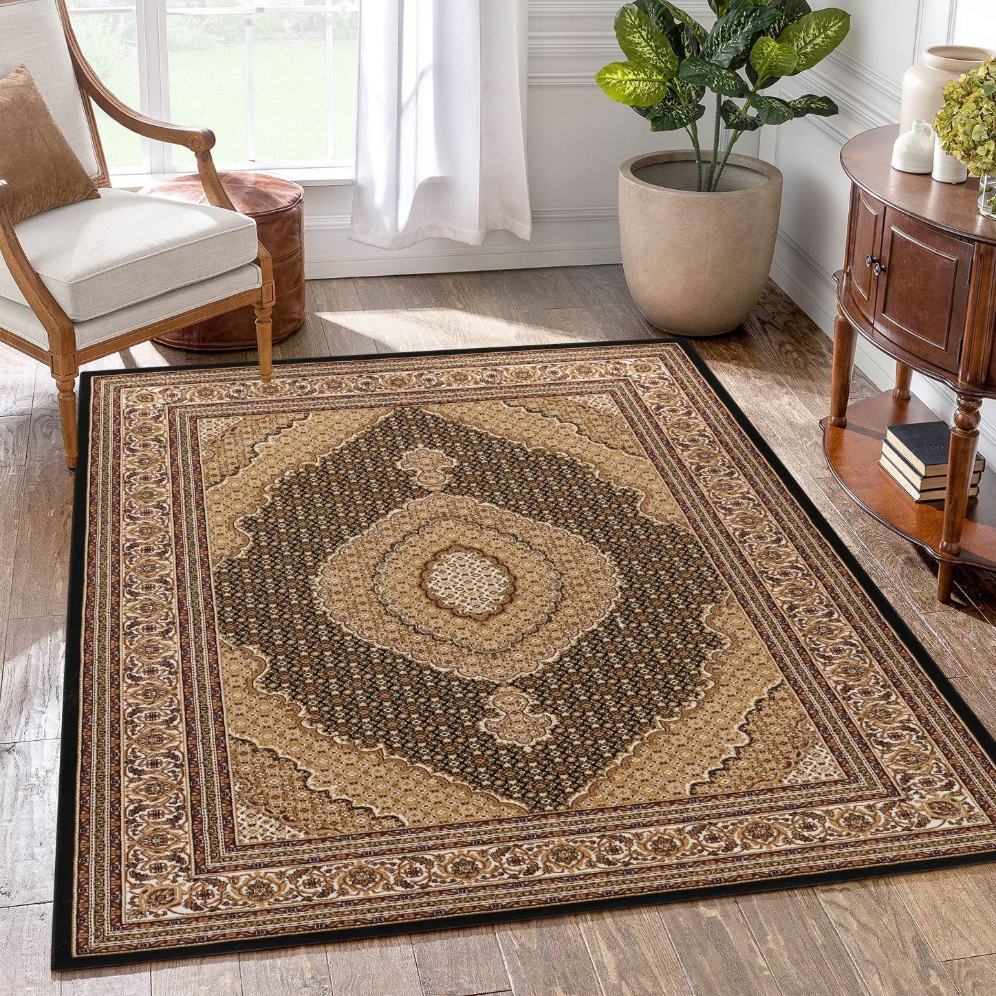 Black Herati Medallion Luxury Area Rug - 9'2" x 12'6" Machine-Made Polypropylene, 0.47" Pile Height, Stain-Resistant, Durable for Living Rooms &amp; Offices, Made in Turkey