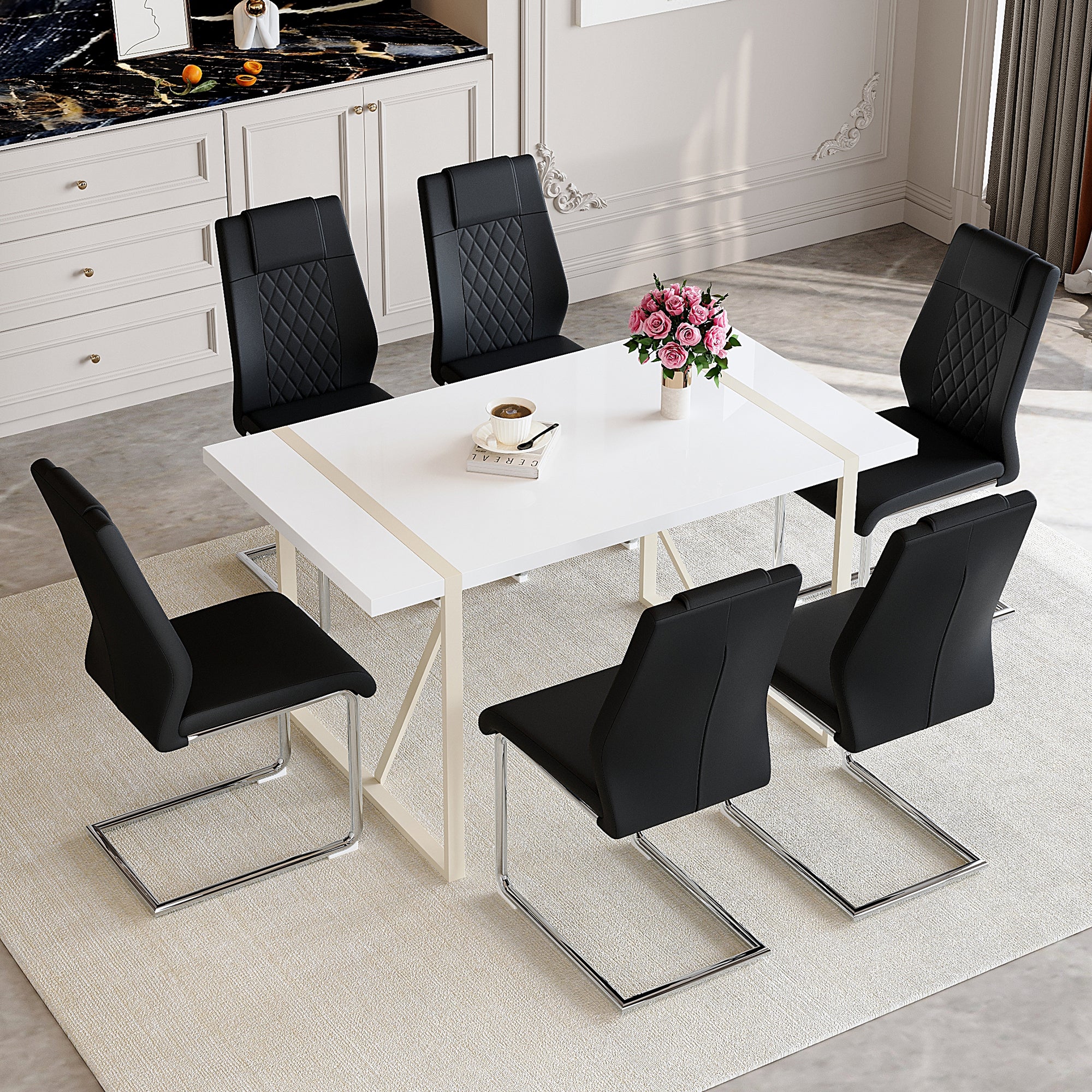 55" Cream-Style White MDF Dining Table Set with 6 Black PU Chairs & Silver Metal Legs - Modern Kitchen Furniture for Family Meals, Seats 6, Durable & Easy Assembly