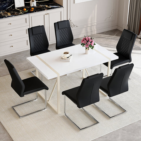 55" Cream-Style White MDF Dining Table Set with 6 Black PU Chairs & Silver Metal Legs - Modern Kitchen Furniture for Family Meals, Seats 6, Durable & Easy Assembly