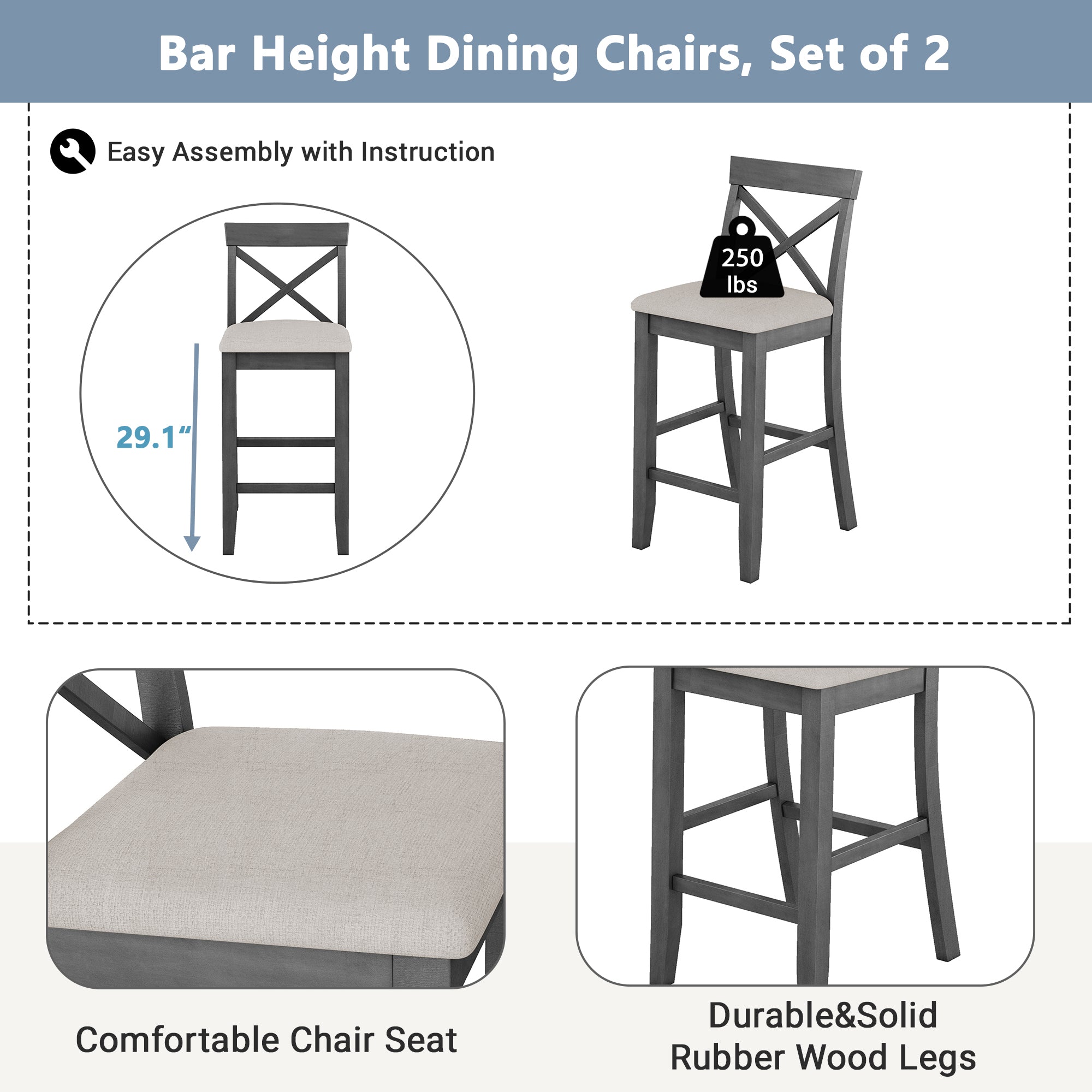 TOPMAX Farmhouse 48" Rectangular Wood Bar Height Dining Set for Small Kitchens & Breakfast Nooks - Gray Frame & Beige Cushions, Seats 2, Acacia Wood, Space-Saving Design