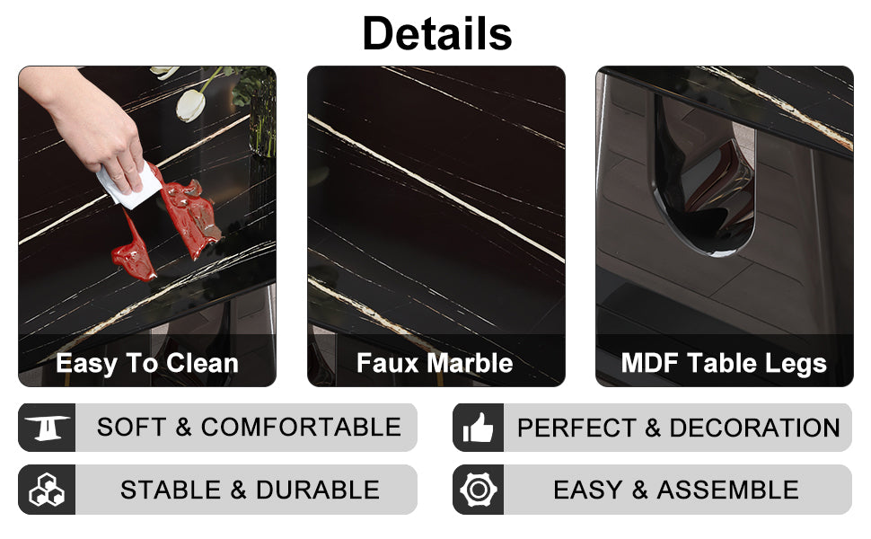 Modern Minimalist Dining Table Set with Imitation Marble Glass Top & Comfortable Chairs, Seats 4-8, U-Bracket MDF Legs, Black+Gold, Perfect for Dining & Living Rooms