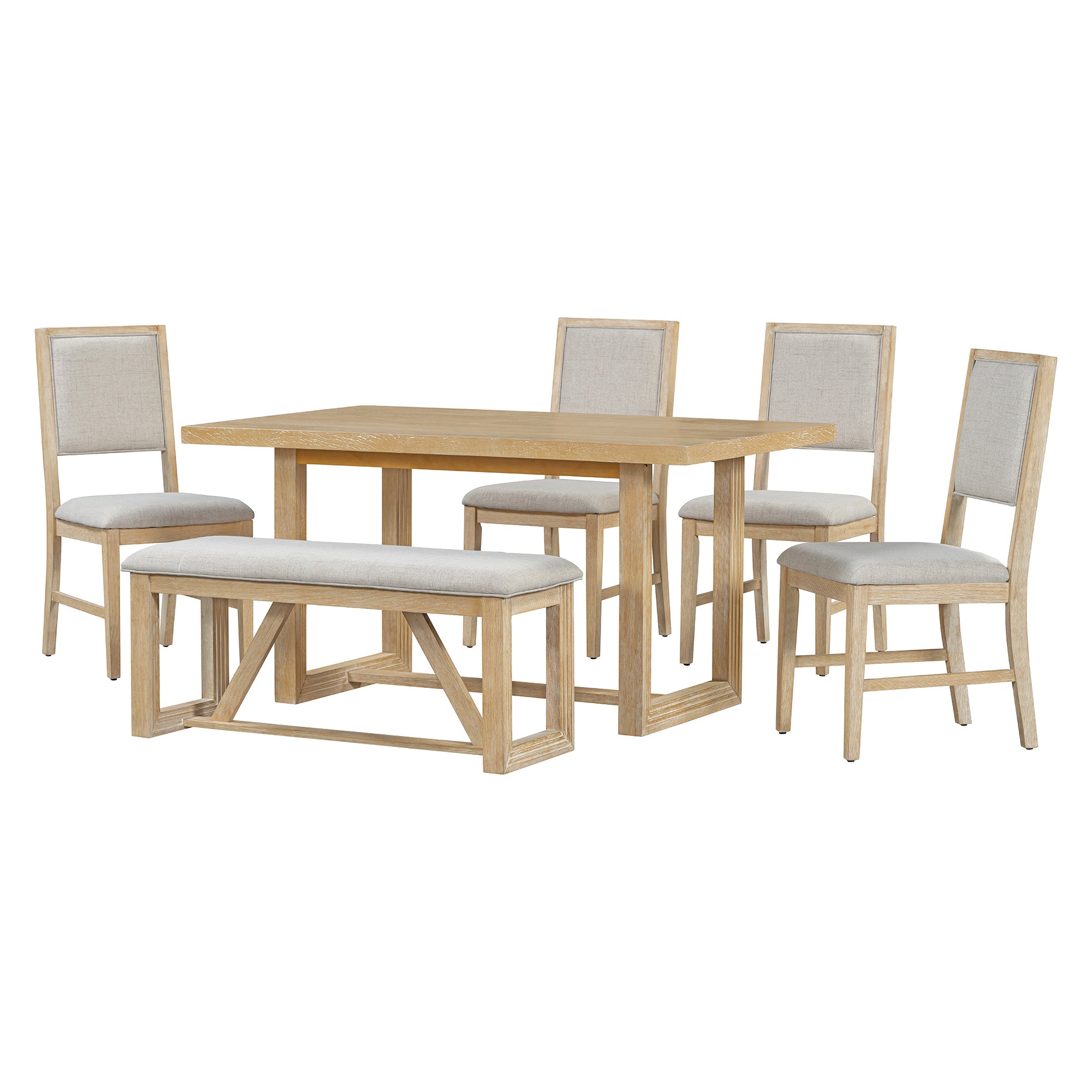TREXM 6-Piece Retro Dining Table Set for 6, 60" Oak Veneer Wood Kitchen Table & 4 Chairs with Upholstered Bench, Natural Finish, Dining Room & Kitchen Use, Durable Rubberwood Legs