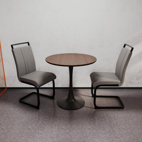 31.5" Walnut Tulip Round Dining Table Set for 2-4, MDF Top &amp; Base, 2 Gray PU Metal Leg Chairs - Elegant Kitchen &amp; Small Space Furniture