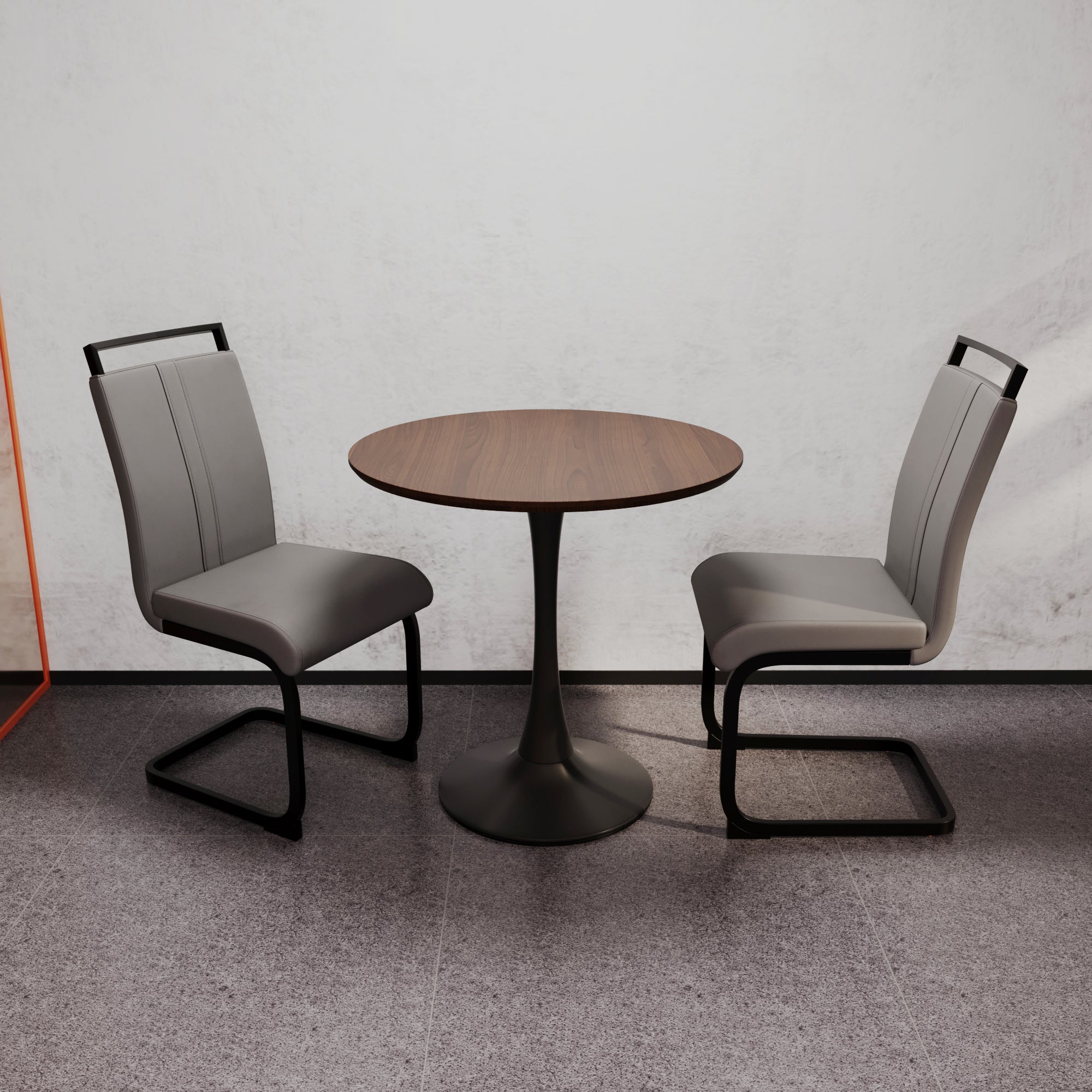 31.5" Walnut Tulip Round Dining Table Set for 2-4, MDF Top &amp; Base, 2 Gray PU Metal Leg Chairs - Elegant Kitchen &amp; Small Space Furniture