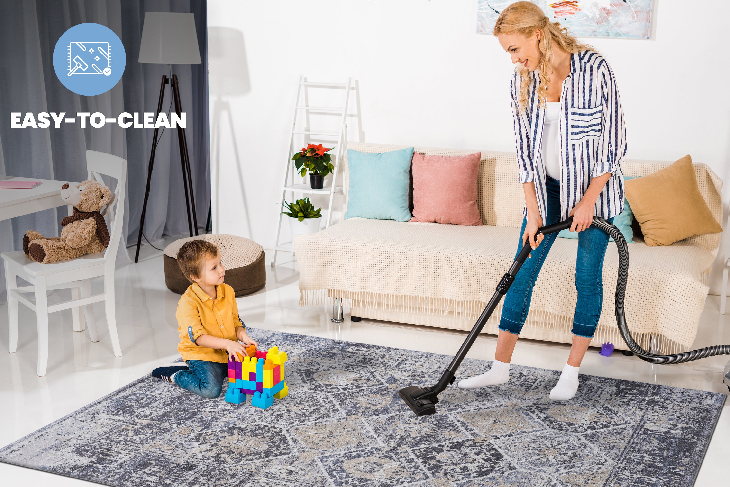 PAYAS Collection 8x10 Traditional Area Rug - Stain Resistant, Non-Shedding Polyester in Grey/Blue, Medium Pile, Durable Cotton Backing for Living Room, Bedroom, Home Office