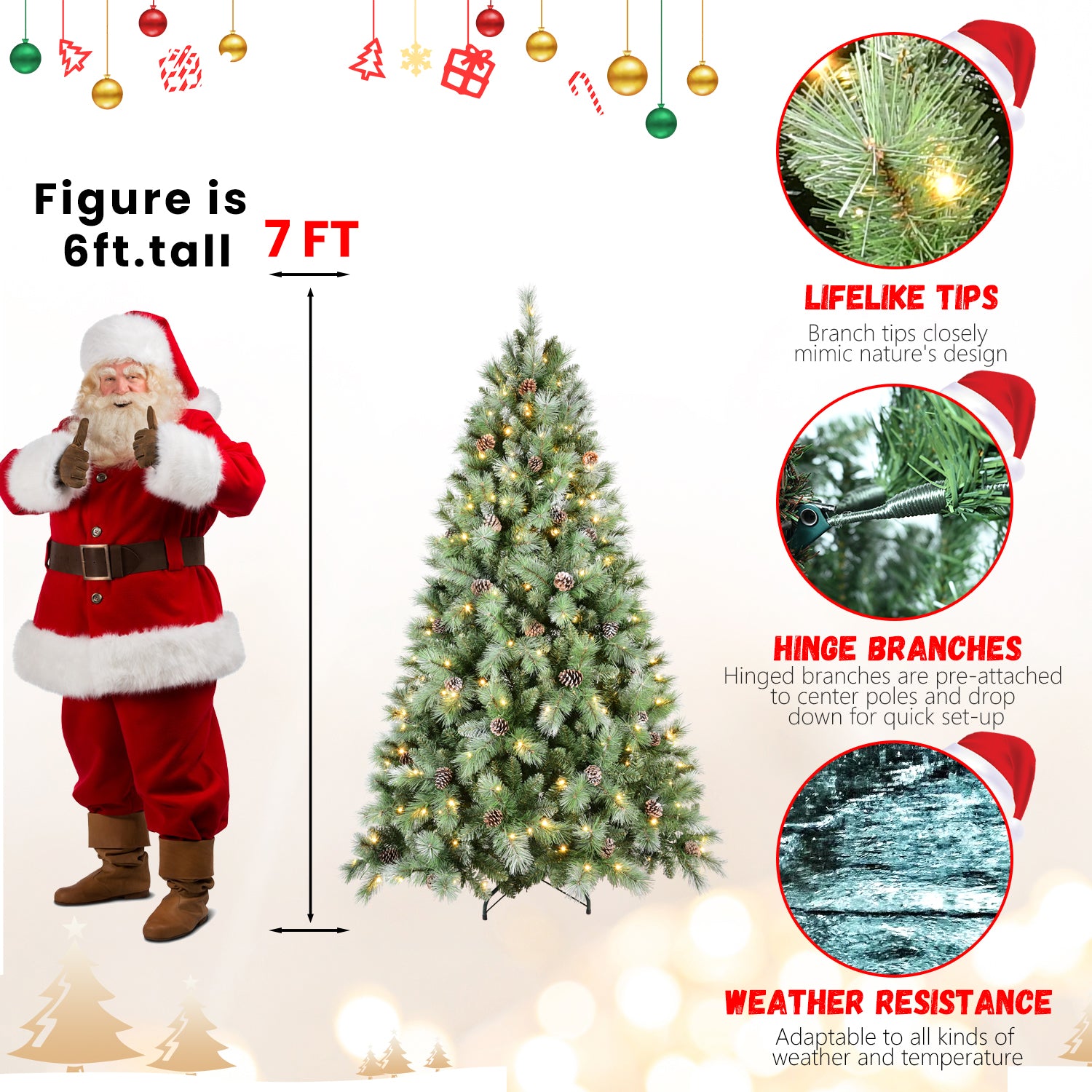 7.5FT Realistic Christmas Tree: 1588 PVC & Hard Needle Tips, 92 Pine Cones, 450 Warm White LEDs, Hinged Branches, Sturdy Metal Stand - Full Lush Holiday Decor for Home & Office