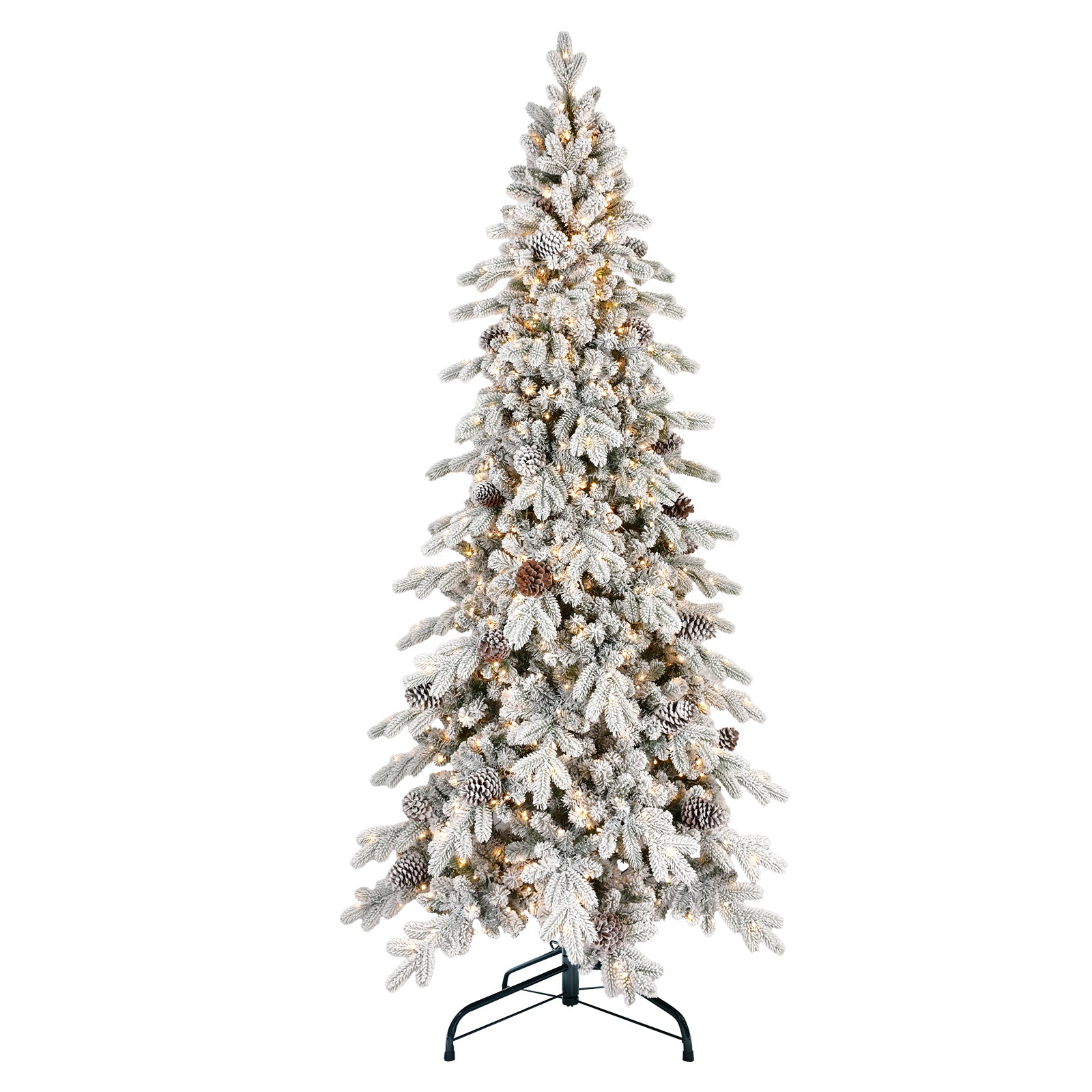 9FT Flocked Snow-Kissed Christmas Tree | 2138 Tips, 1250 Warm White LEDs, 52 Pine Cones | Hinged Branches, Metal Stand | Slim Design for Home & Office Decor