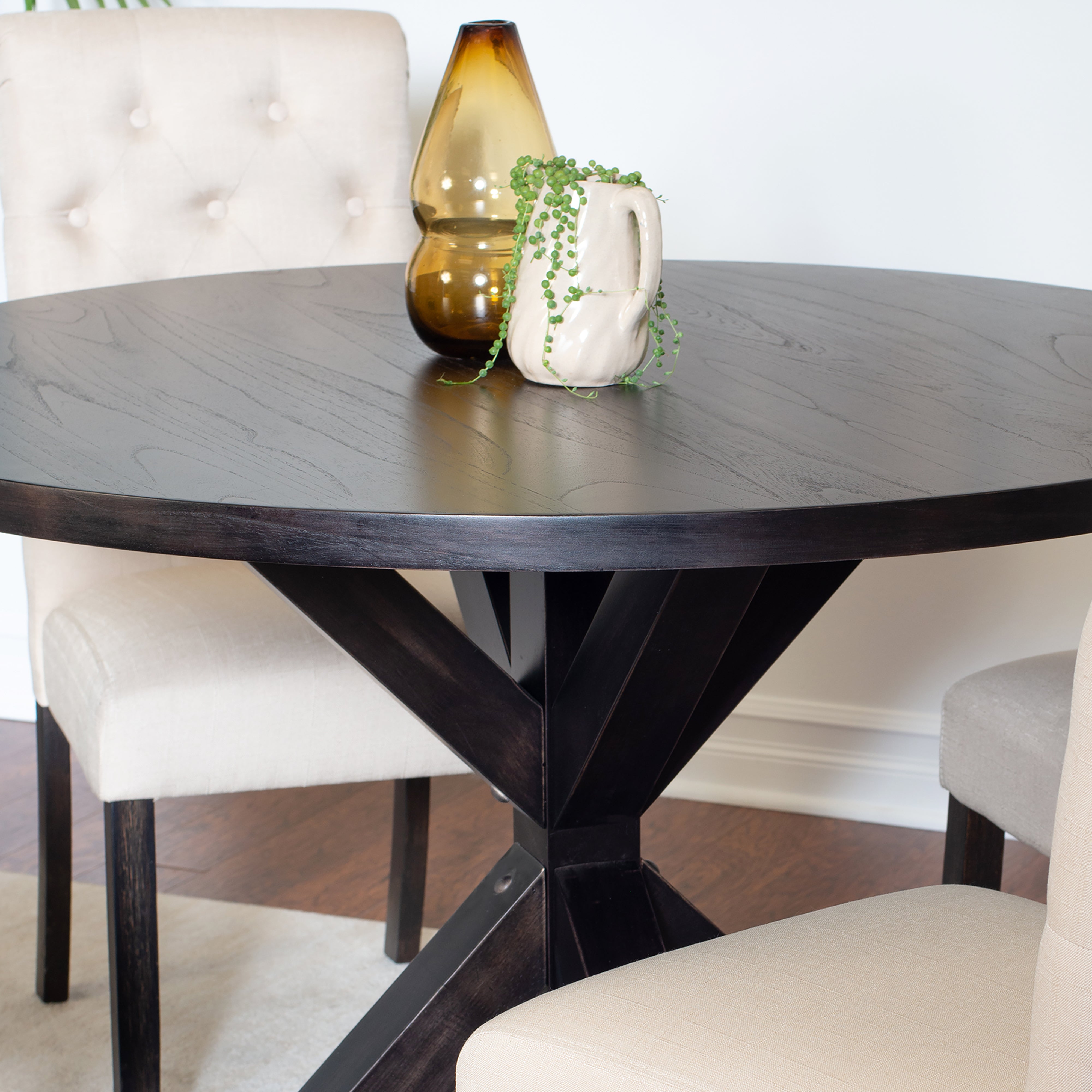 Nylander 5-Piece Round Dining Set: Black Oak Veneer Table with Espresso Button-Tufted Chairs, Seats 4, Durable Rubberwood Base, Perfect for Dining Room &amp; Kitchen Dinette