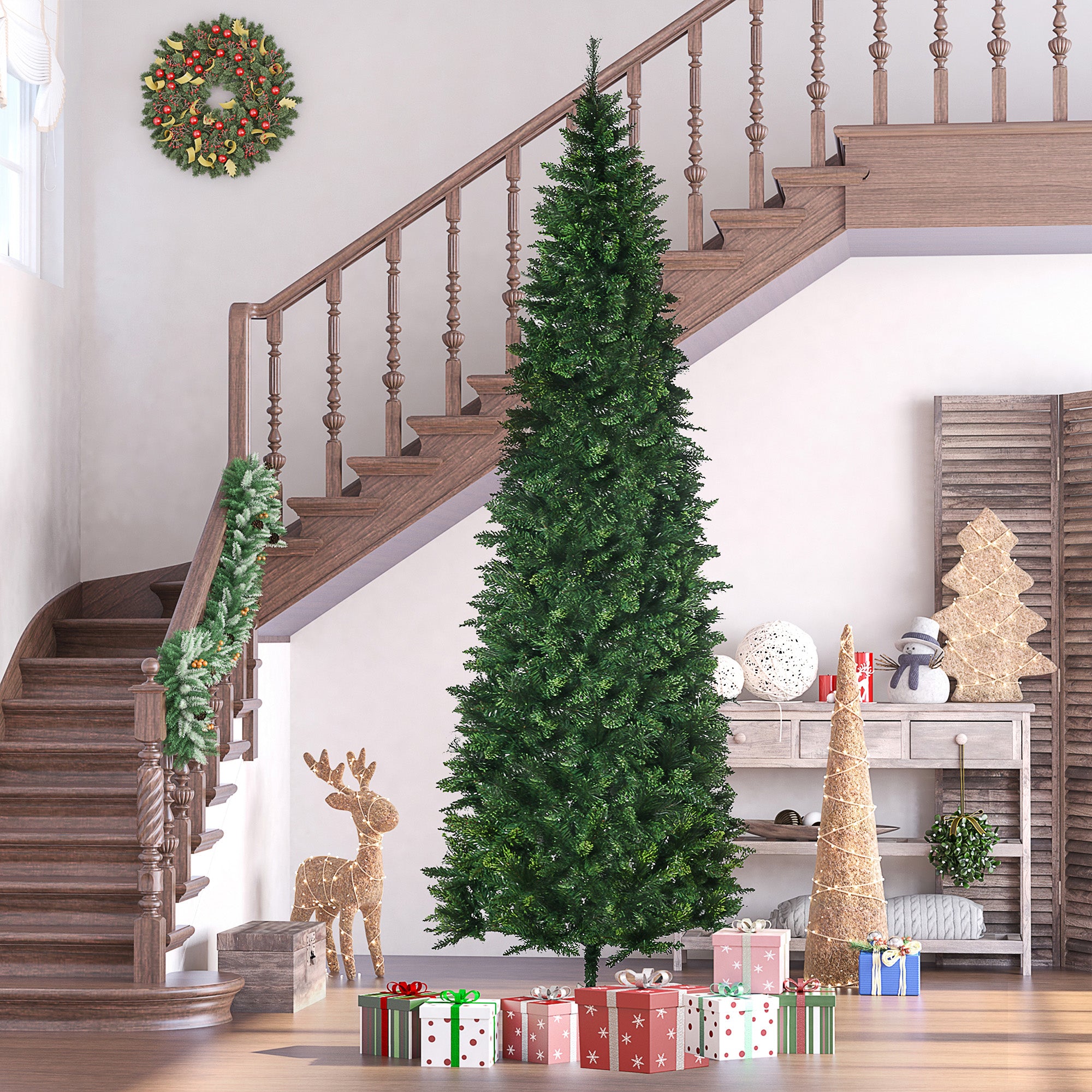 HOMCOM 9ft Slim Pencil Artificial Christmas Tree | 1298 Realistic Pine Needles | Auto-Open Design | Flame Retardant Green Plastic | Sturdy Steel Base | Holiday Home Decor