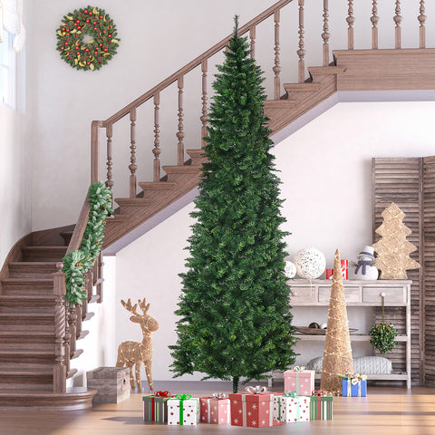 HOMCOM 9ft Slim Pencil Artificial Christmas Tree | 1298 Realistic Pine Needles | Auto-Open Design | Flame Retardant Green Plastic | Sturdy Steel Base | Holiday Home Decor