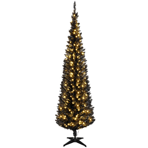 Black 6FT Pencil Christmas Tree with Warm White LED Lights, Slim Artificial Xmas Tree for Small Spaces, Flame Retardant, Easy Setup, Realistic &amp; Lush, Home Decor