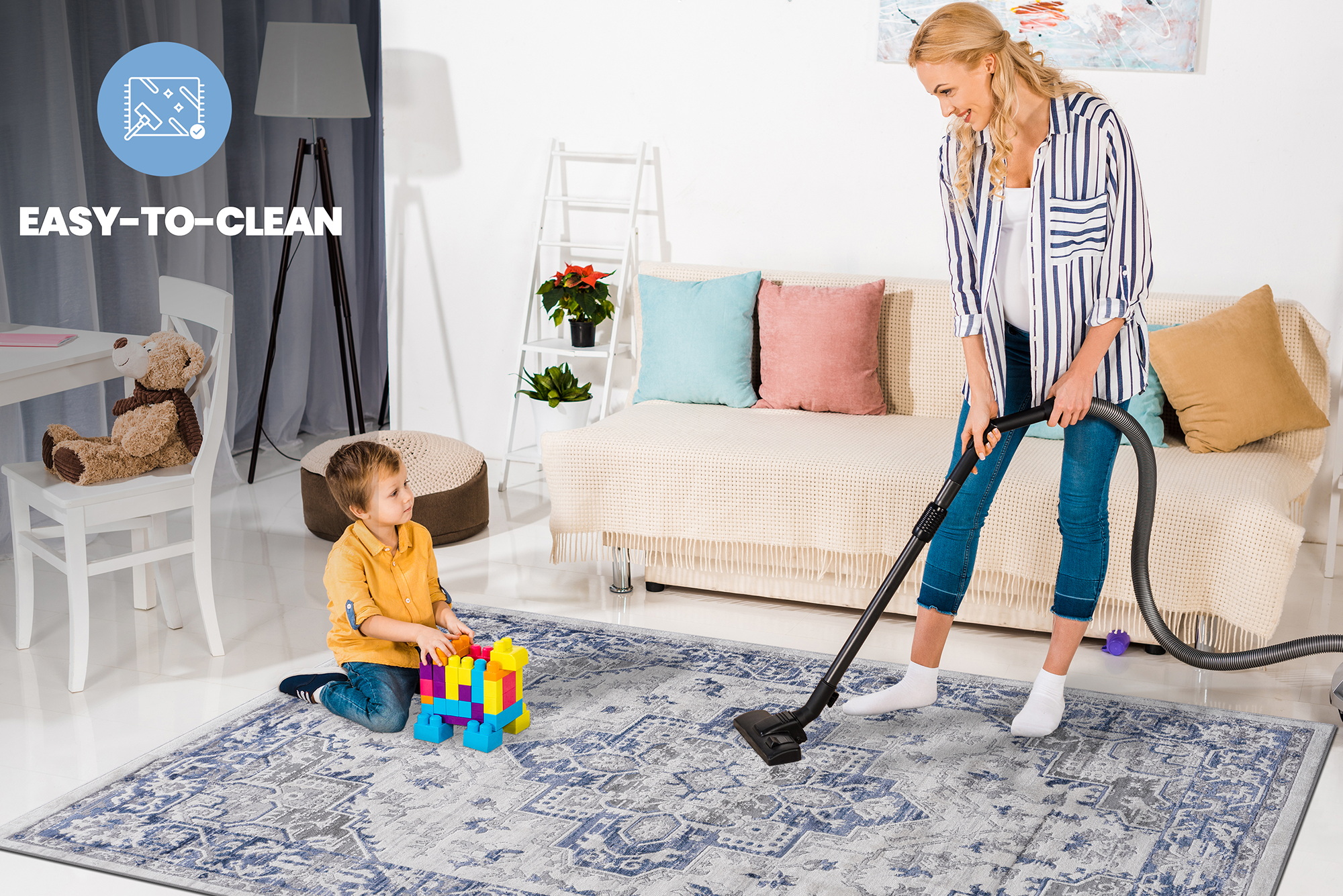 MARFI Collection 2'x3 Blue & Grey Oriental Doormat Rug - Stain-Resistant, Non-Shedding Polyester | Kid & Pet-Friendly, Medium 0.35" Pile | Durable Turkish Entryway Rug