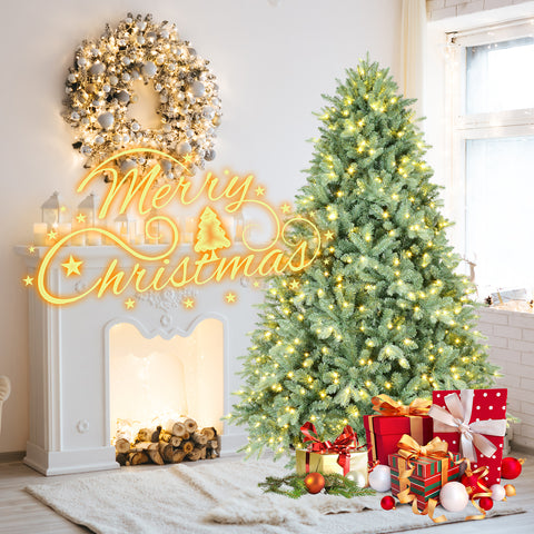 7.5FT Blue-Green Tint Pre-Lit Christmas Tree | 800 Warm White LEDs | 2908 Realistic PE+PVC Tips | Hinged Branches for Easy Setup | Sturdy Metal Stand | Unique Holiday Home Decor