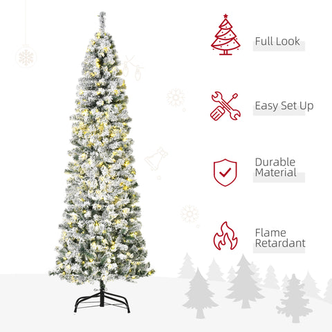 HOMCOM 7.5ft Pre-Lit Slim Douglas Fir Christmas Tree: Snow-Flocked, 350 Warm White LEDs, 641 Realistic PVC Tips. Hinged, Easy Assembly, Steel Base, Perfect for Indoor Holiday Decor.