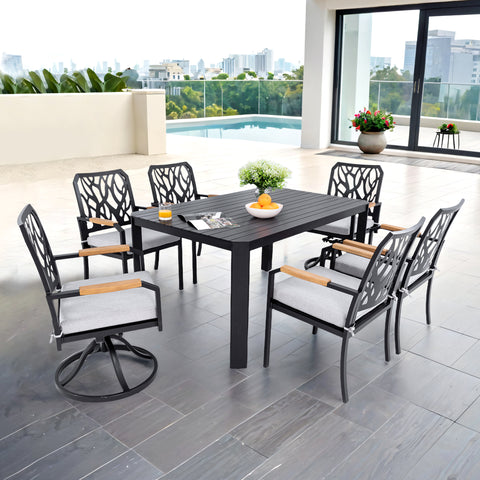7-PC Bourbon Brown Aluminum Patio Dining Set: 6-Seater Outdoor Furniture with 4 Chairs, 2 Swivel Rockers, Sunbrella Cushions, Branch Backrest, Rectangular Table w/ Umbrella Hole for Garden & Patio Relaxation