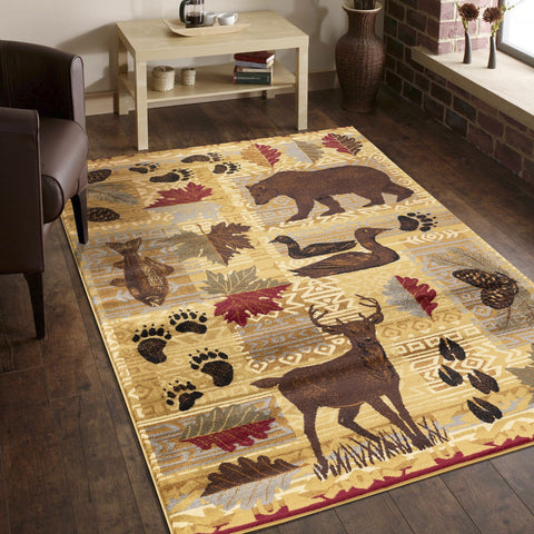 Nature's Nest GC_CBL3002 2'x3' Lodge Area Rug, Beige Polypropylene | Deer, Bear, Fish, Duck Nature Motifs | Durable, Stain-Resistant for Entryway, Living Room, High-Traffic Areas