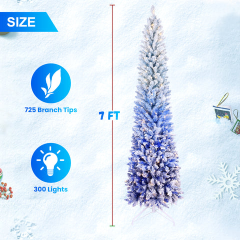7FT Blue Gradient Flocked Pencil Christmas Tree | 300 Warm White LED Lights | 725 Tips | Hinged Branches | Slim Metal Stand for Holiday Home Decor