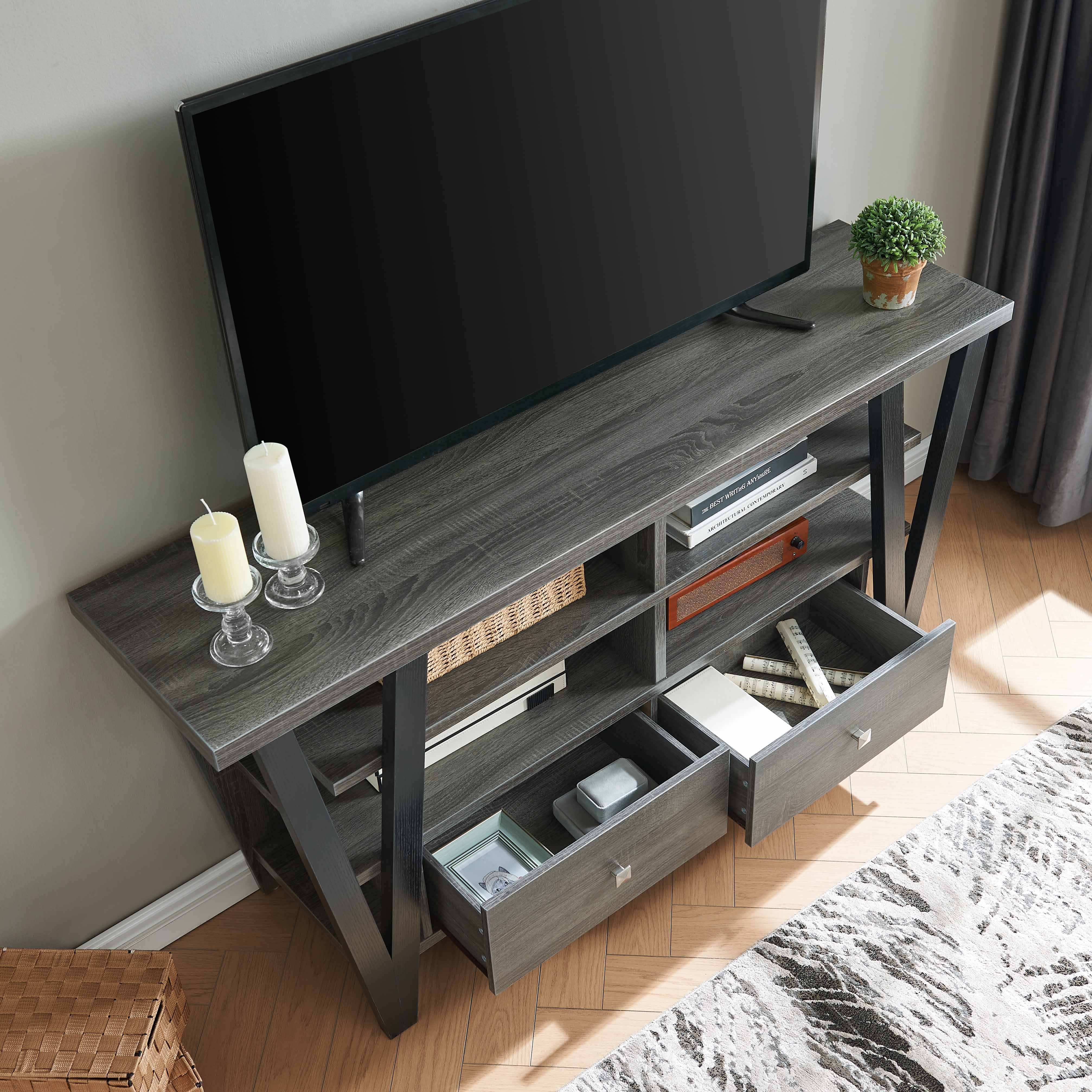 Tall TV Stand cabinet with two drawers on metal glides metal square knob handles and two divided shelf tiers