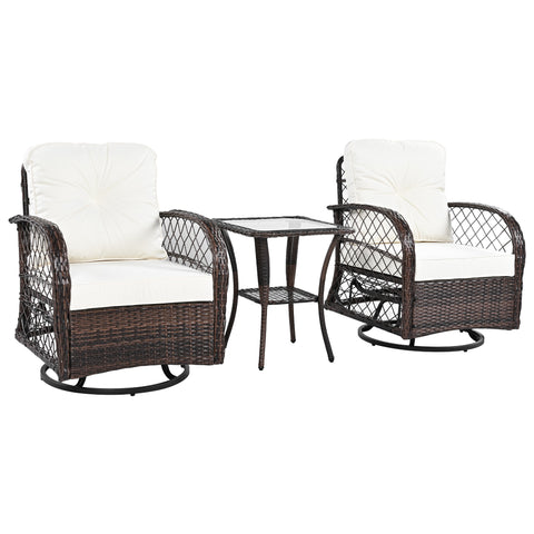 3-Piece Brown Rattan Outdoor Chat Set: 2 Swivel Rocker Chairs &amp; Glass Top Table for Garden Patio Balcony, Weather-Resistant Wicker Seating Group with Cushions