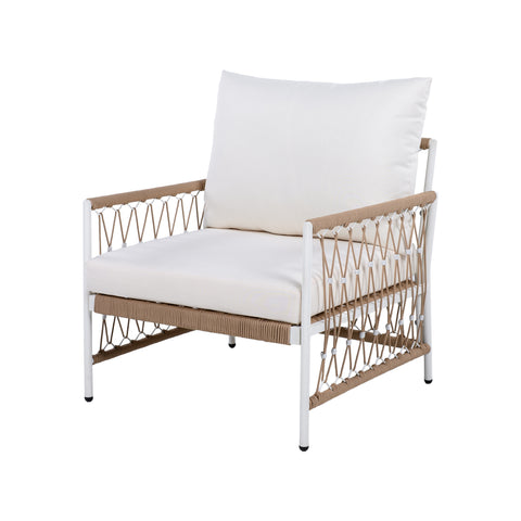 Boho 3-Piece Outdoor Furniture Set: 2 Lounge Chairs & Glass Side Table | Handwoven Rope, Powder-Coated Steel | Waterproof Cushions | Patio, Garden, Poolside Relaxation