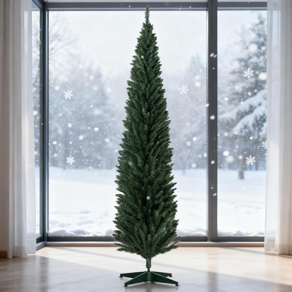 8ft Slim Pencil Artificial Christmas Tree, Green, Realistic Unlit Xmas Tree with 618 Tips &amp; Sturdy Base, Easy Assembly &amp; Storage for Home Decor, Living Room, Fireplace