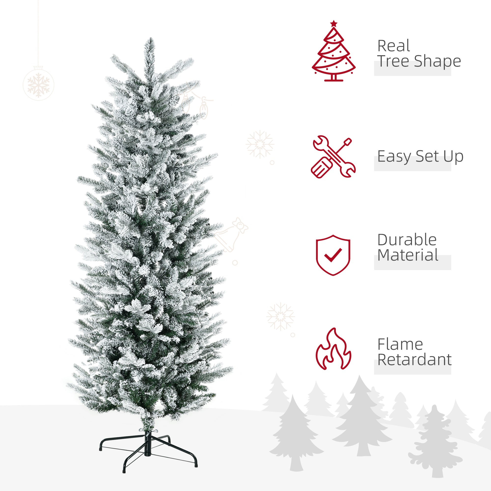 HOMCOM 6ft Green Flocked Artificial Christmas Tree | Auto-Open Snow Branches, Realistic Pencil Shape, Flame Retardant Plastic & Steel Base | Indoor Holiday Decor