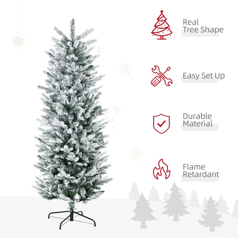 HOMCOM 6ft Green Flocked Artificial Christmas Tree | Auto-Open Snow Branches, Realistic Pencil Shape, Flame Retardant Plastic & Steel Base | Indoor Holiday Decor