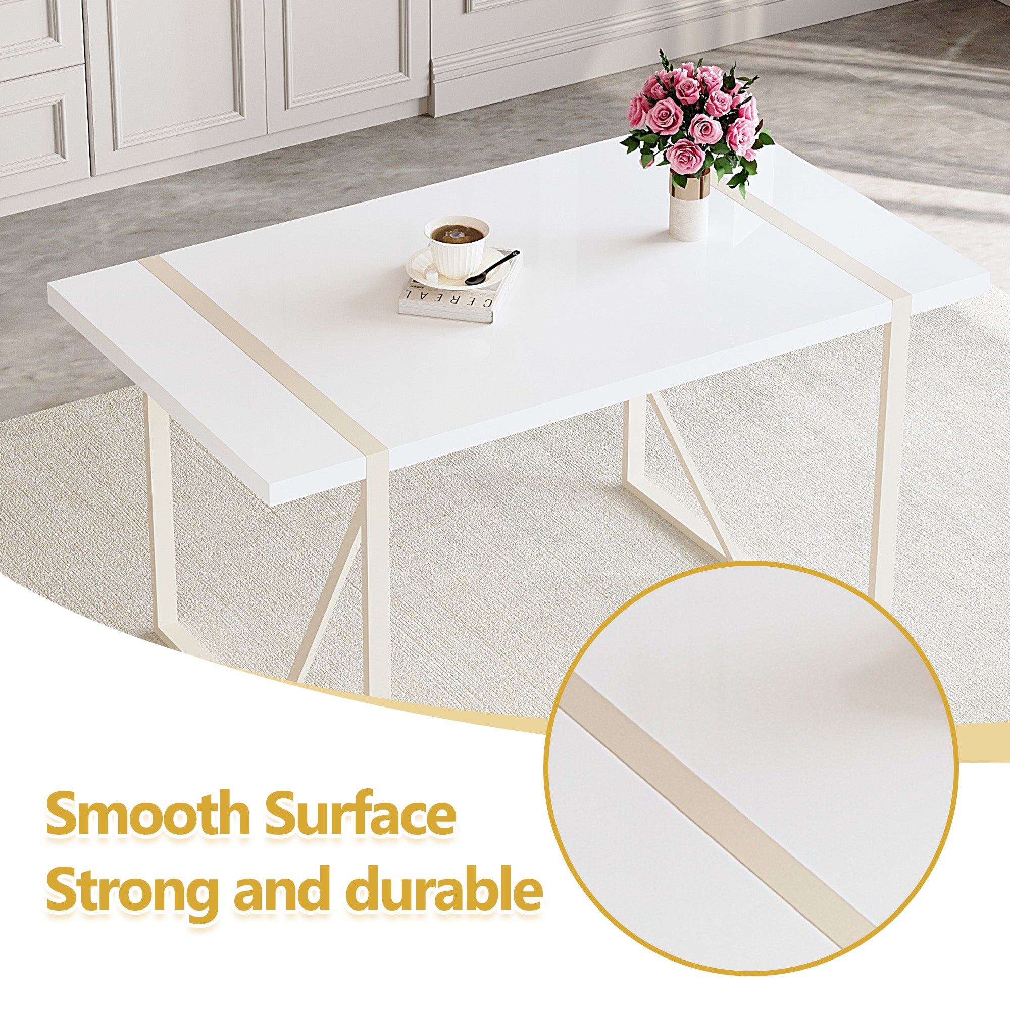 55" Cream-Style White MDF Dining Table Set with 6 Black PU Chairs & Silver Metal Legs - Modern Kitchen Furniture for Family Meals, Seats 6, Durable & Easy Assembly