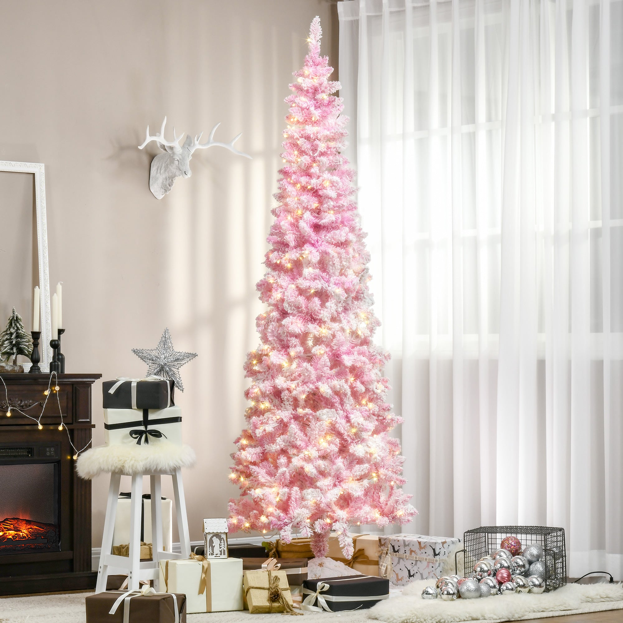 HOMCOM 7.5ft Snow Flocked Pencil Christmas Tree, Pink & White, Warm White LEDs, Auto-Open Branches, Realistic Pine, Flame-Retardant Plastic, Indoor Holiday Decor